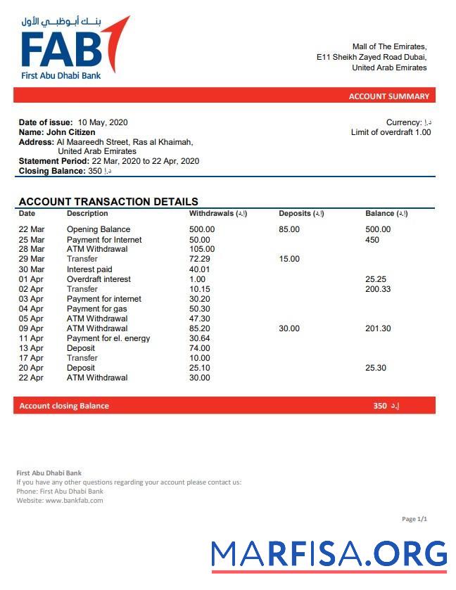 Blank UAE First Abu Dhabi bank statement word sample